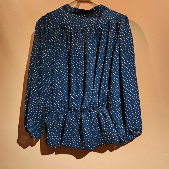 New York & Company Eva Mendes  Green White, and Tan Sheer Polkadot Blouse - Picture 8 of 15